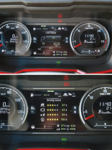 Czytelny wyświetlacz – interesującą opcją jest bieżąca informacja o obciążeniach poszczególnych osi, nie zapomniano również o ocenie stylu jazdy w ramach Scania Drive Support (fot. D.Piernikarski)